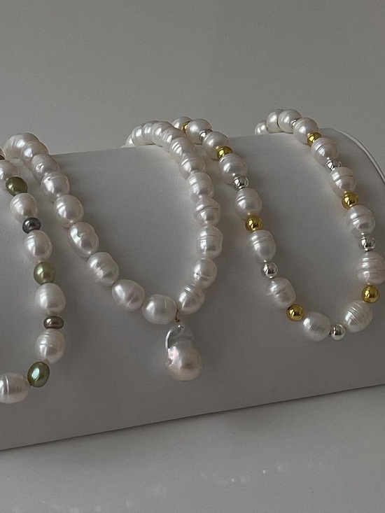 nixi studios Jewelry - Freshwater Pearl Necklace with Mixed Accent Beads - White, Gold, Silver
